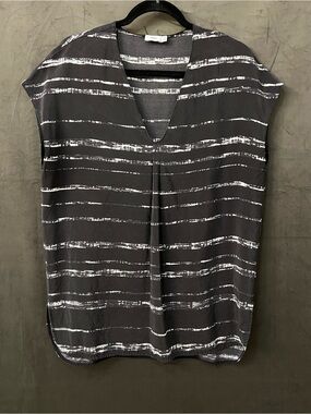 Vince Gray, 100% Silk White Shadow Stripes V-Neck Tunic